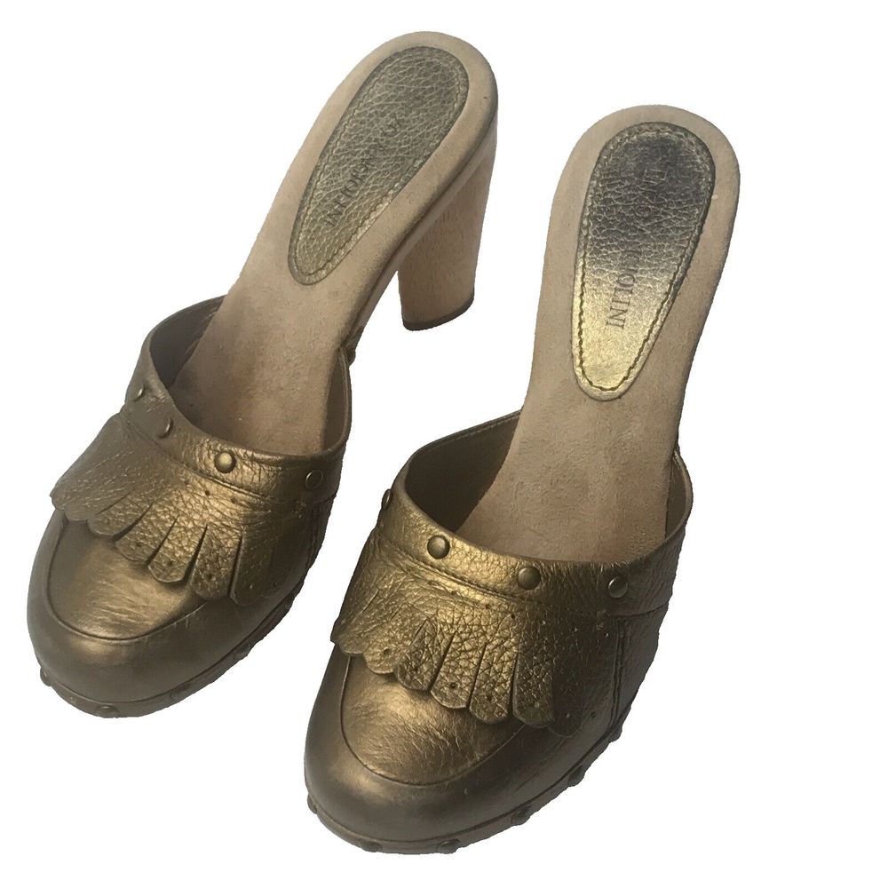 Enzo Angiolini Leather Fringe Studded Mules Clogs Golden Bronze Women’s Size 9M